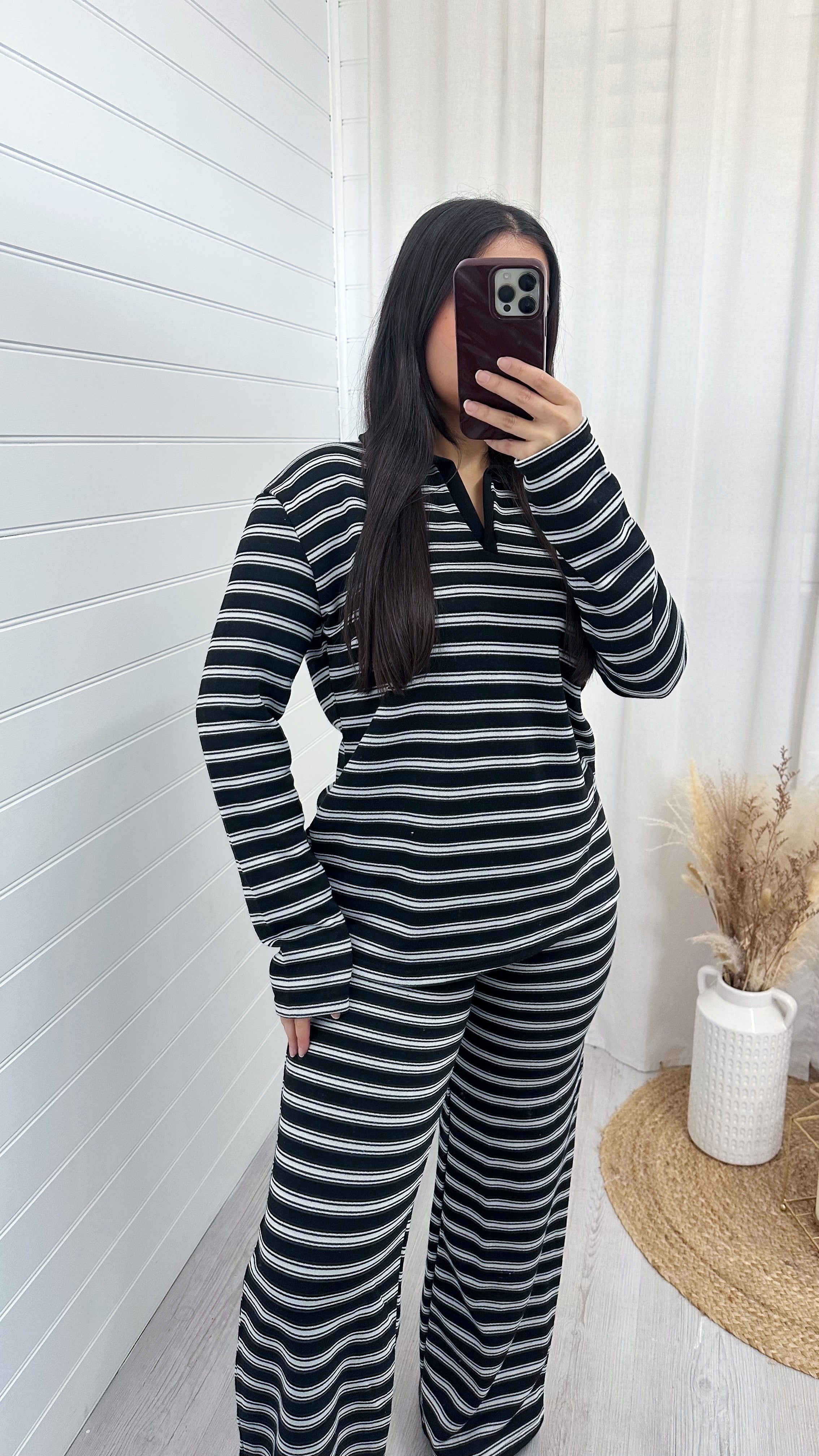 Chunky Stripe Rugby Sweatshirt and Trousers Co-Ord - BLACK