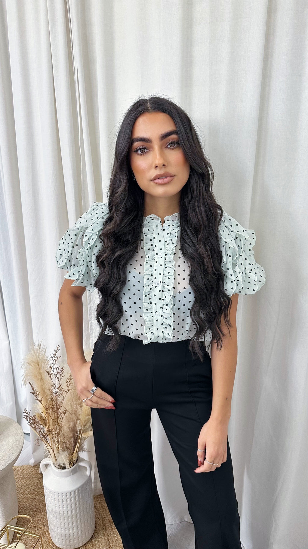 Frilly Sheer Polka Blouse - MINT
