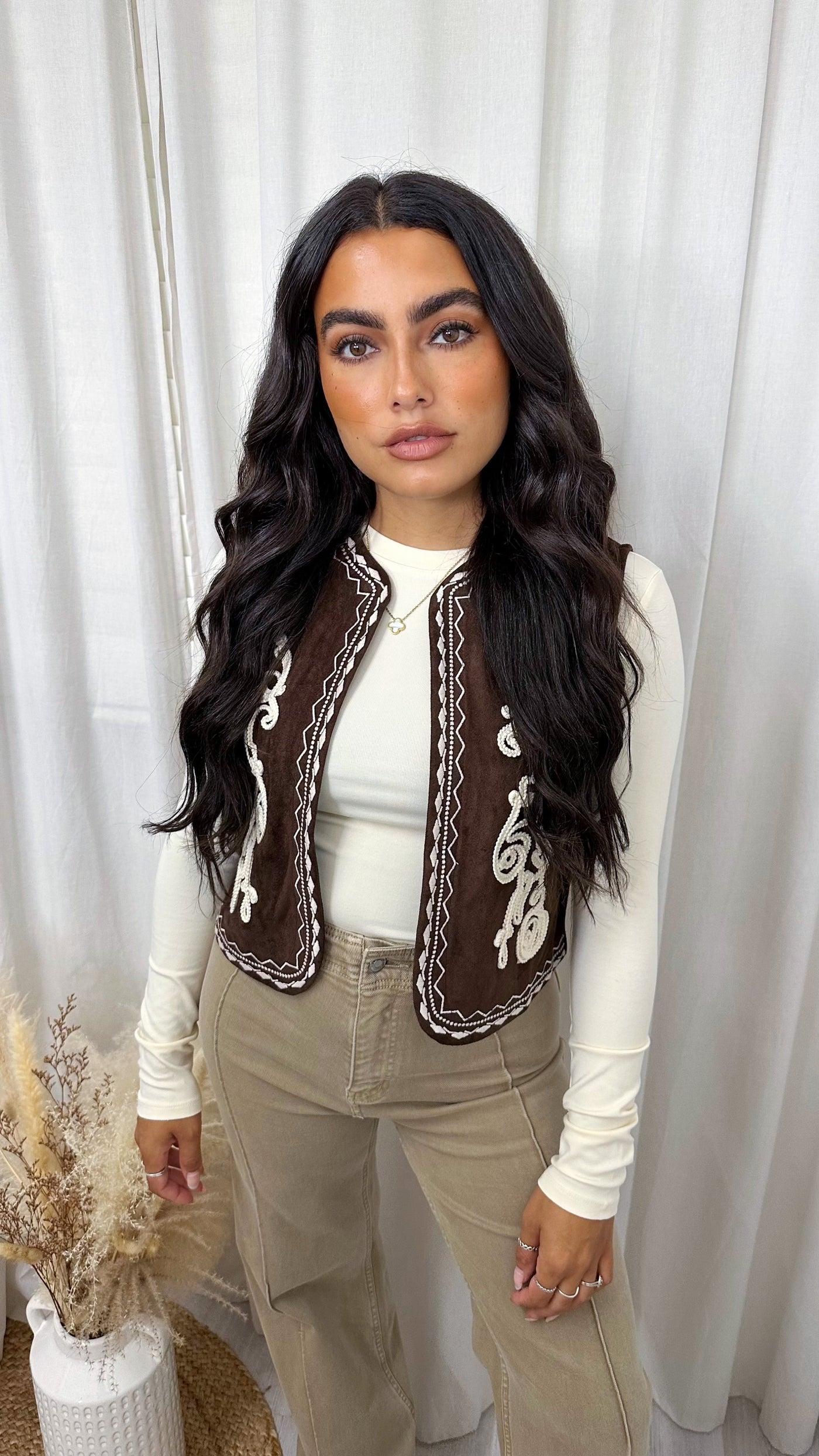 Western Suede Embroidered Waistcoat - BROWN
