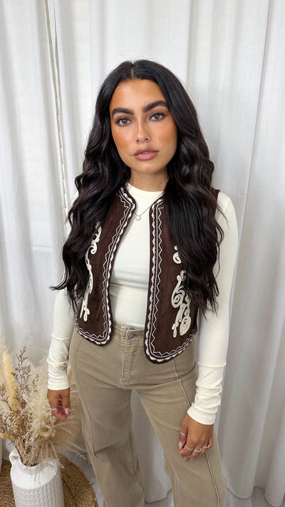 Western Suede Embroidered Waistcoat - BROWN