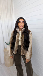 Deer Print Faux Fur Jacket - LIGHT BEIGE