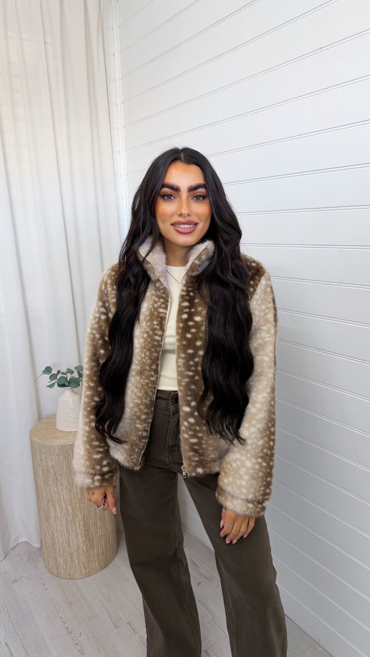 Deer Print Faux Fur Jacket - LIGHT BEIGE
