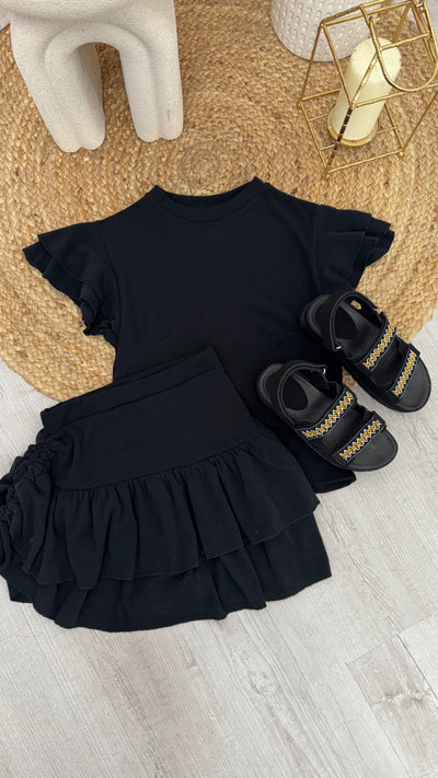 Frill Sleeve Top and Frill Ruched Skirt Co-Ord - BLACK