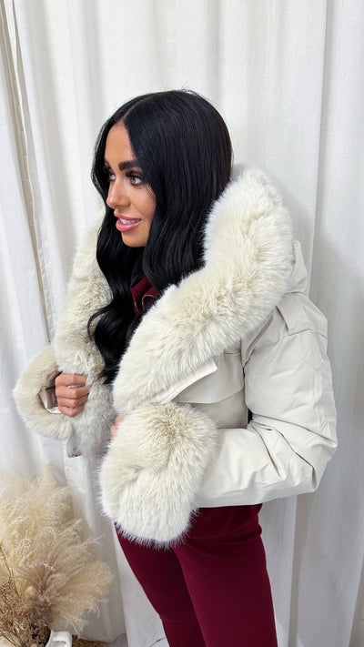 Faux Fur Hooded Coat - BEIGE