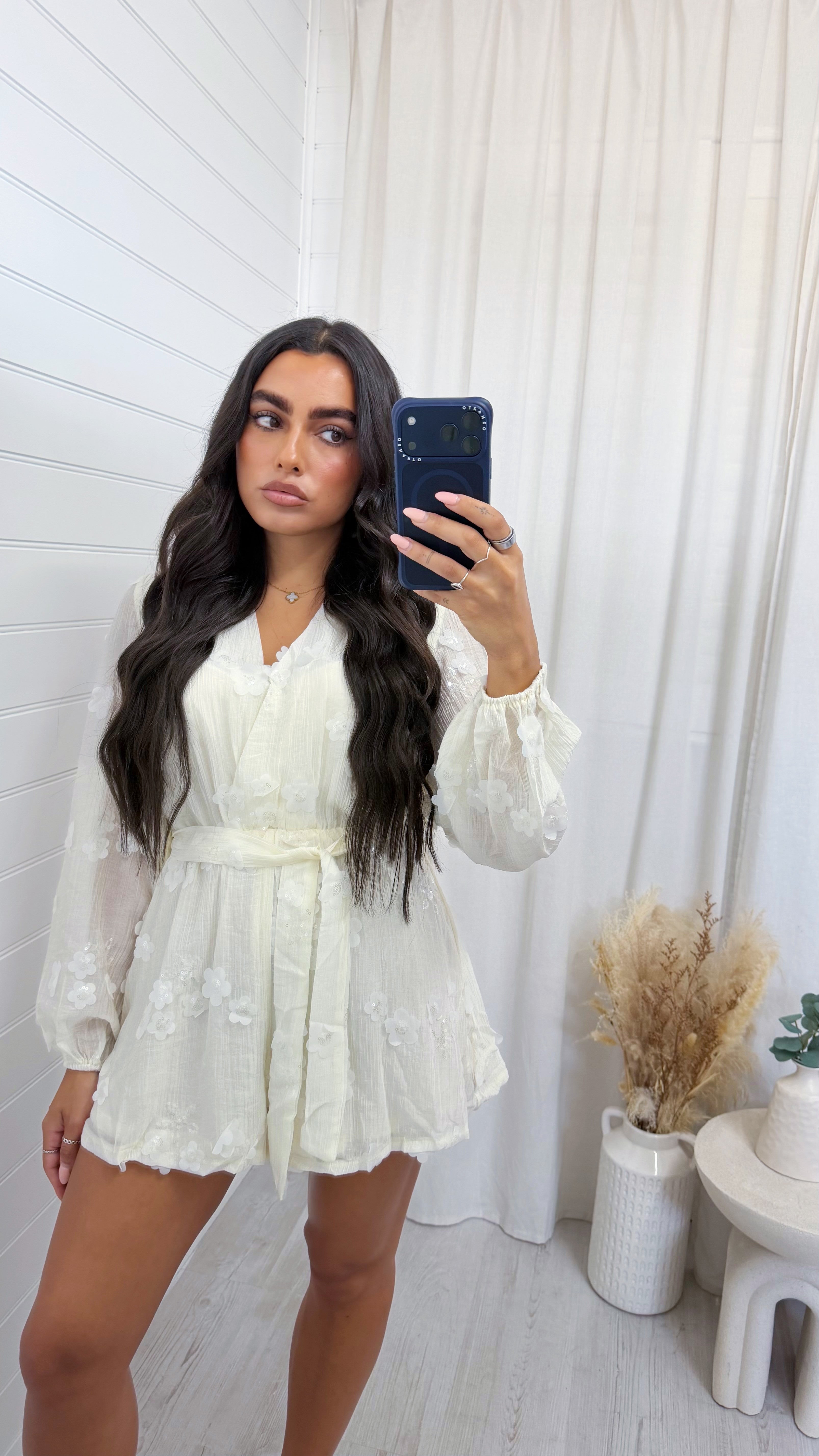 Sequin Flower Wrap Over Playsuit - CREAM