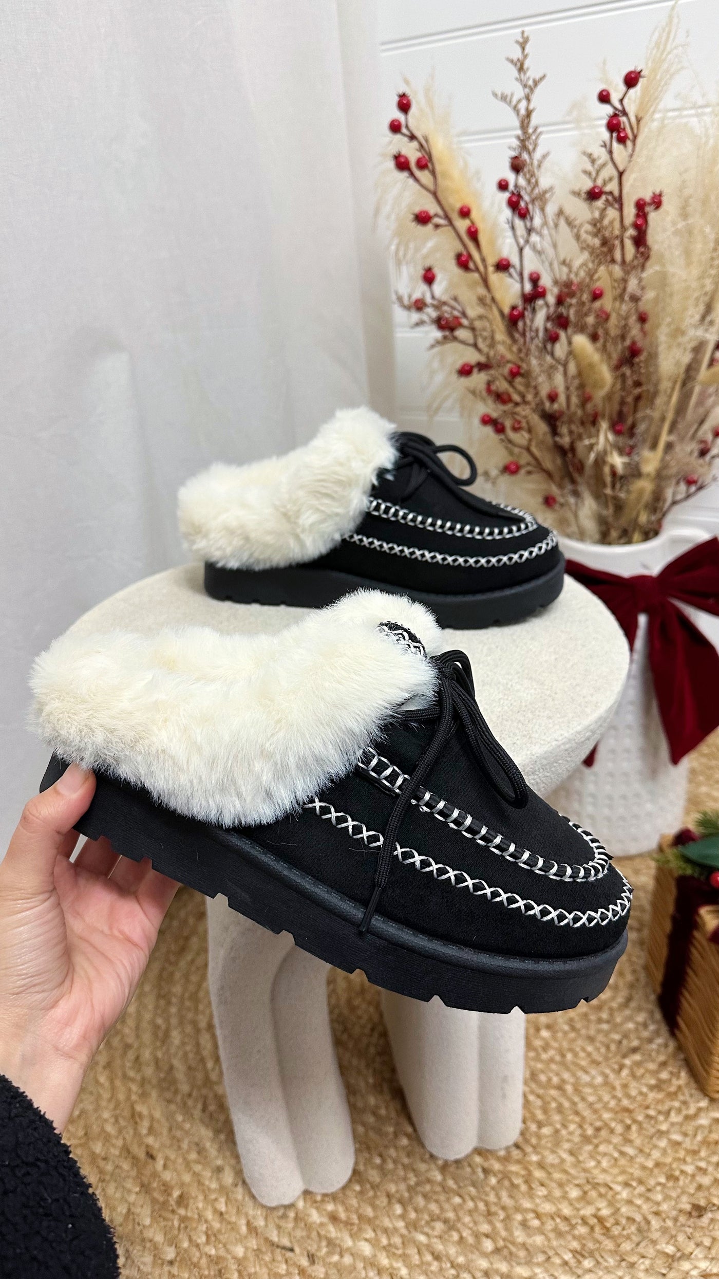 Fur Lined Embroidered Mules - BLACK