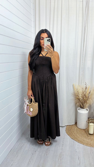 Shirred Halter Neck Maxi Dress - BROWN