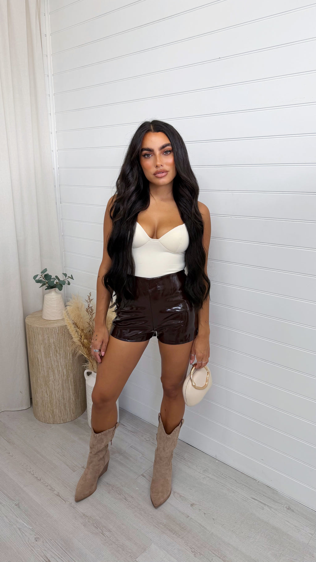 Vinyl High Waisted Mini Shorts - BROWN