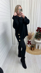 Fine Knitted Gold Button Oversized Jumper - BLACK