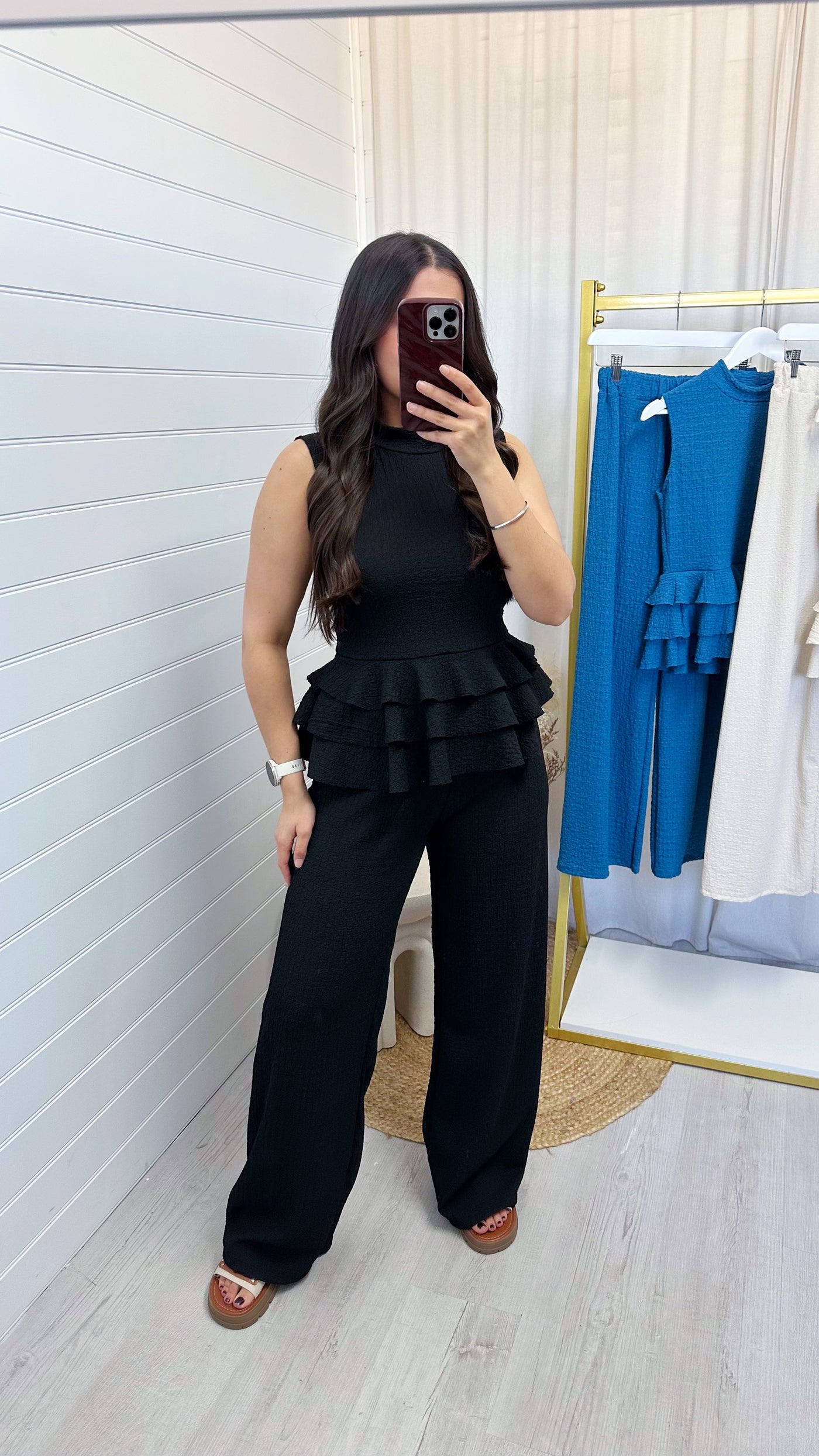 Peplum Frill Tiered Vest Top and Trousers Co-Ord - BLACK