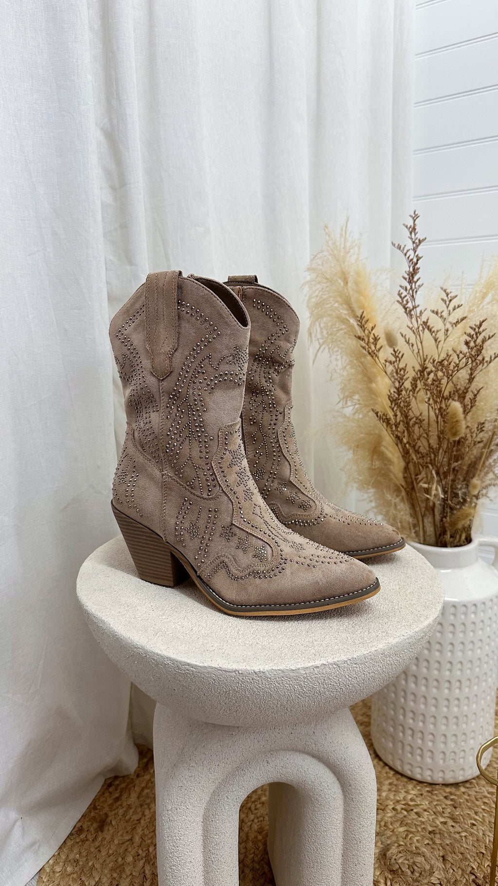 Rhinestone Suede Cowboy Boots - TAUPE