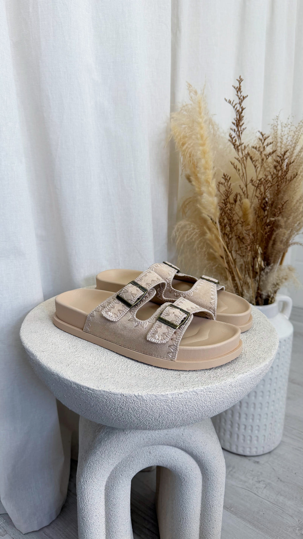 Stitch Trim Suede Sliders - BEIGE