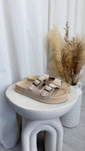 Stitch Trim Suede Sliders - BEIGE
