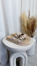 Stitch Trim Suede Sliders - BEIGE