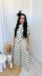 Polka Dot Bow Top and Wide Leg Trousers Co-Ord - CREAM/BLACK