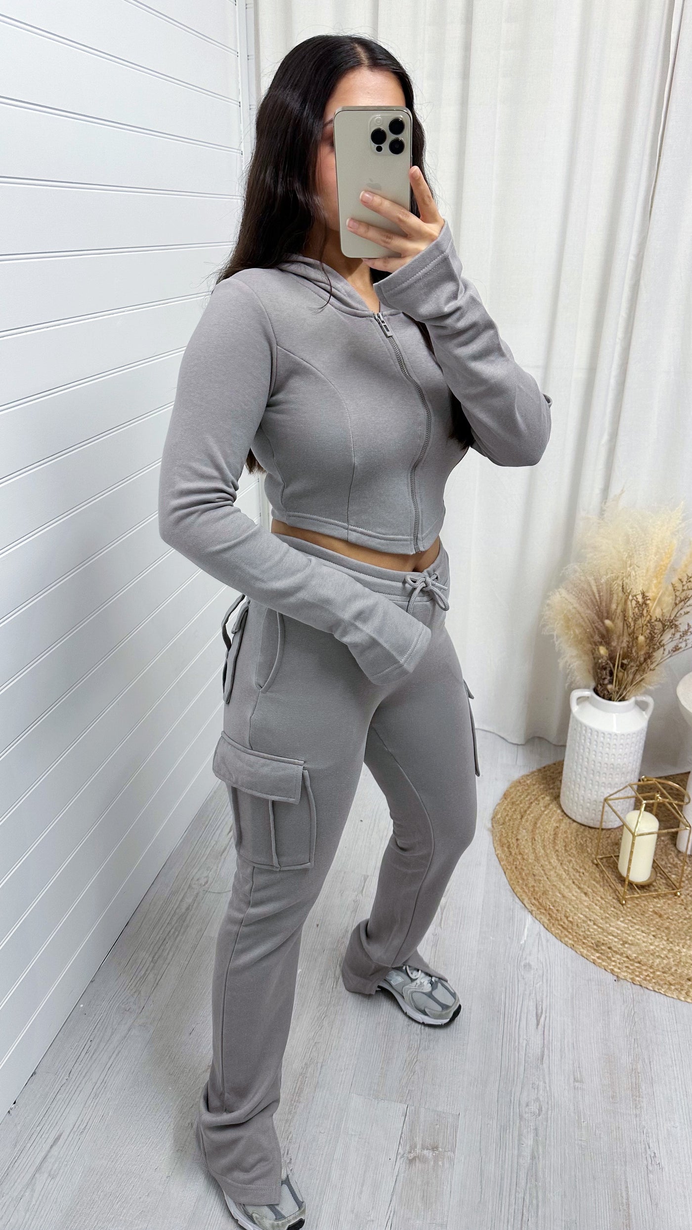 Cargo Cropped Jacket and Split Hem Joggers Tracksuit - DOVE GREY