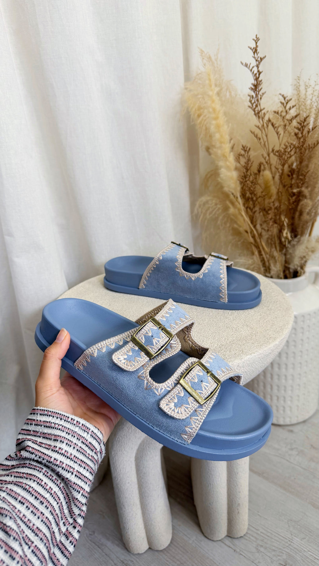 Stitch Trim Suede Sliders - BLUE