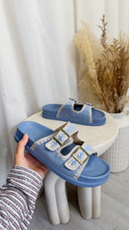Stitch Trim Suede Sliders - BLUE
