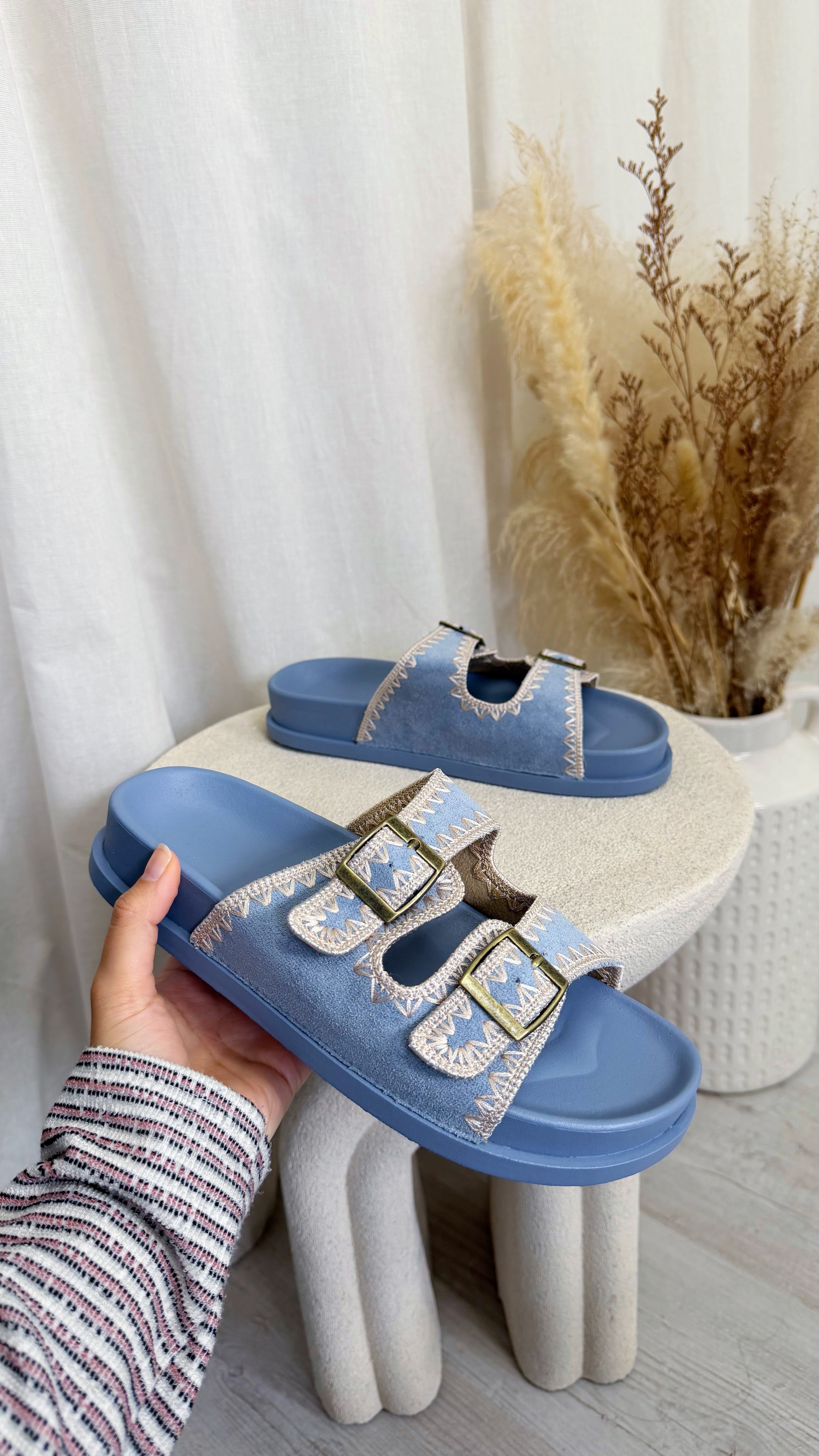 Stitch Trim Suede Sliders - BLUE