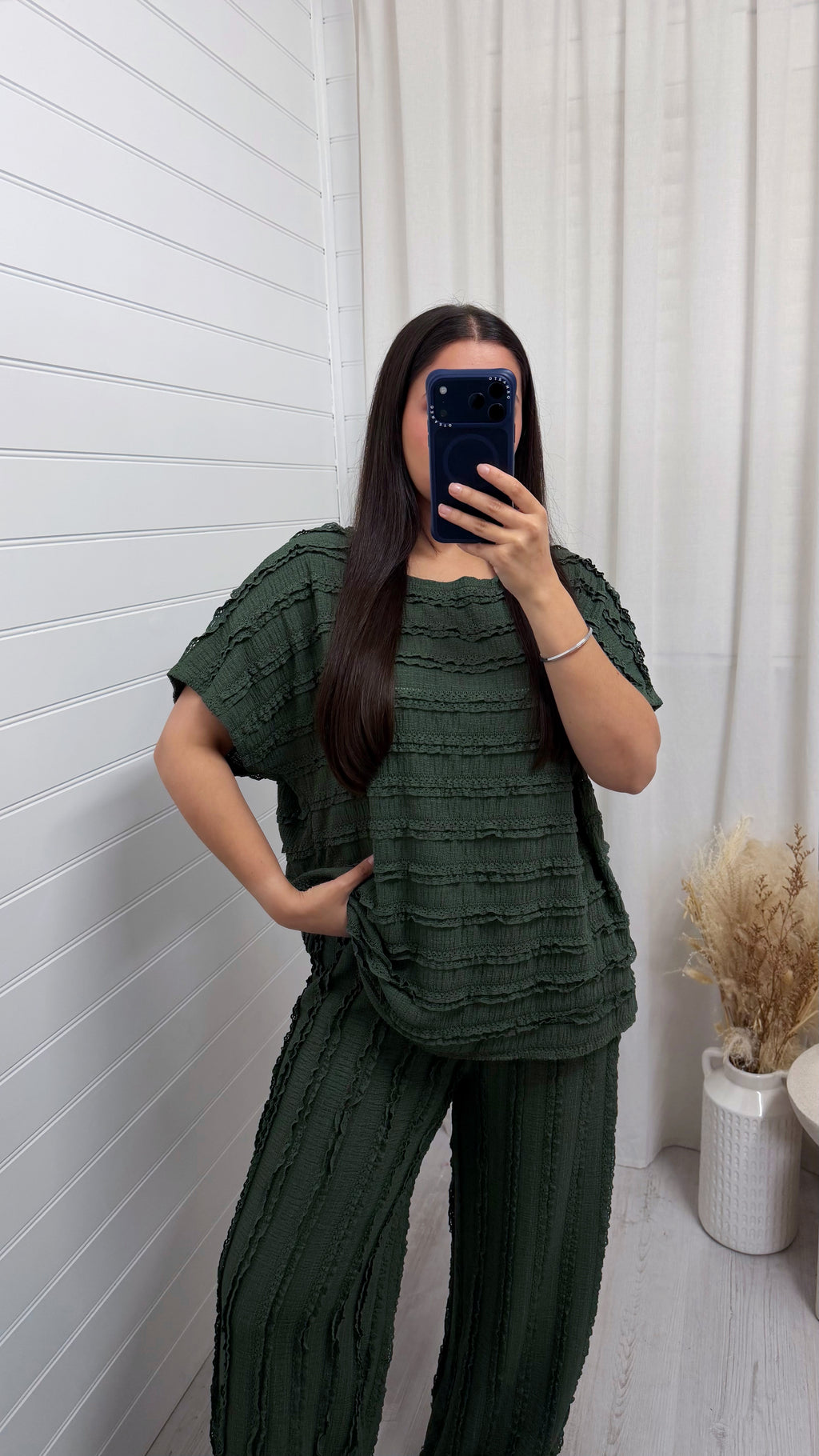 Frill Tiered T-Shirt and Wide Leg Trousers Co-Ord - KHAKI