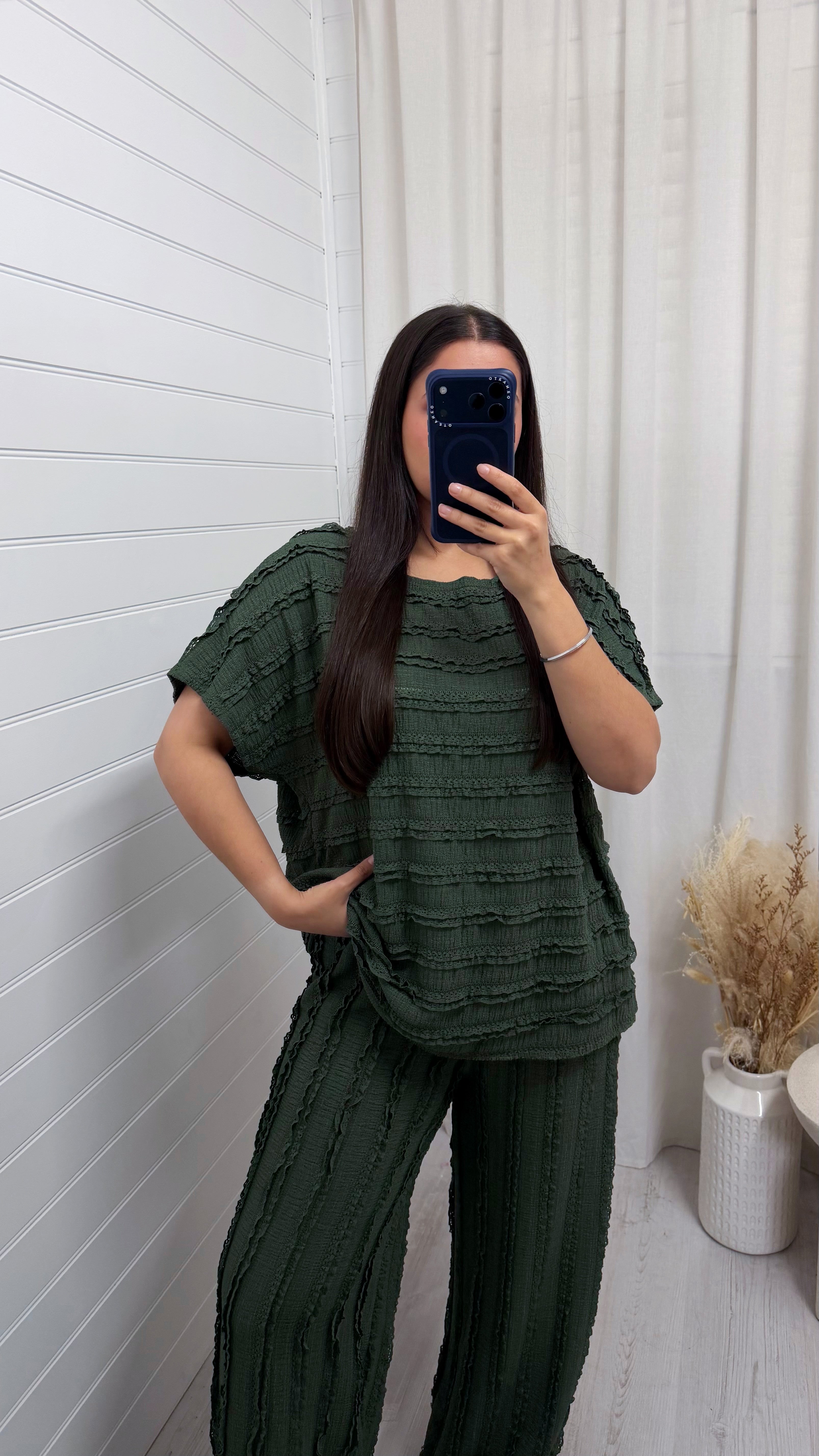 Frill Tiered T-Shirt and Wide Leg Trousers Co-Ord - KHAKI