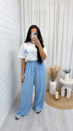 Soft Cotton Denim Style Wide Leg Trousers - LIGHT DENIM