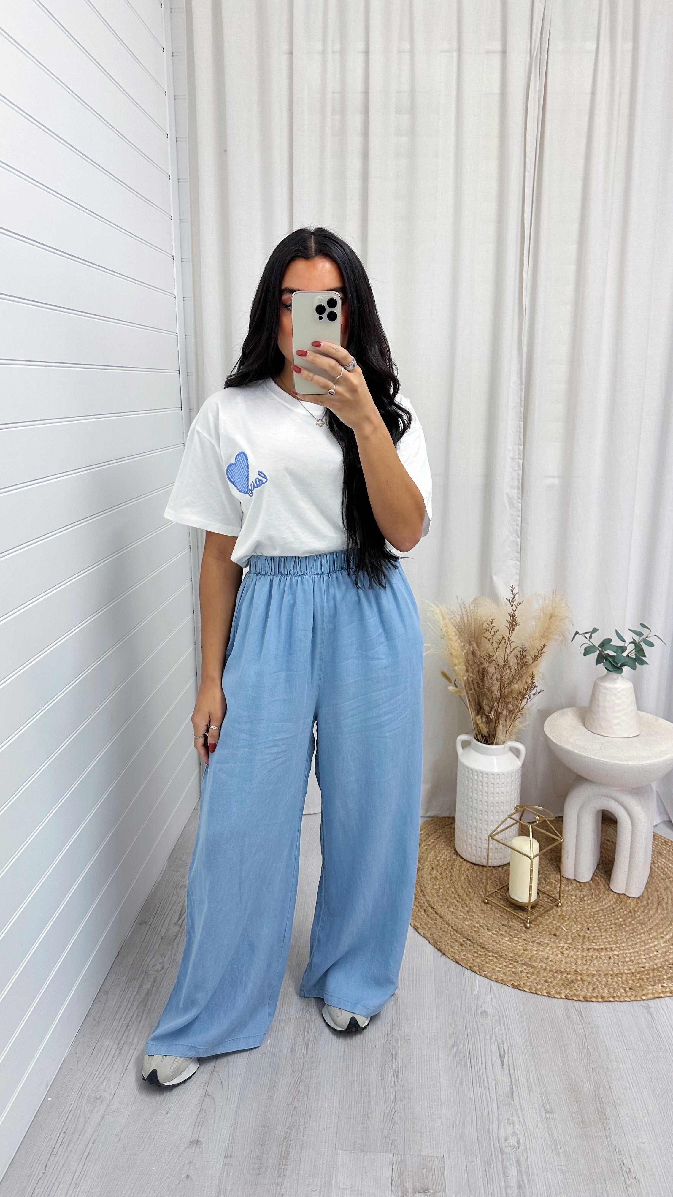 Soft Cotton Denim Style Wide Leg Trousers - DENIM BLUE