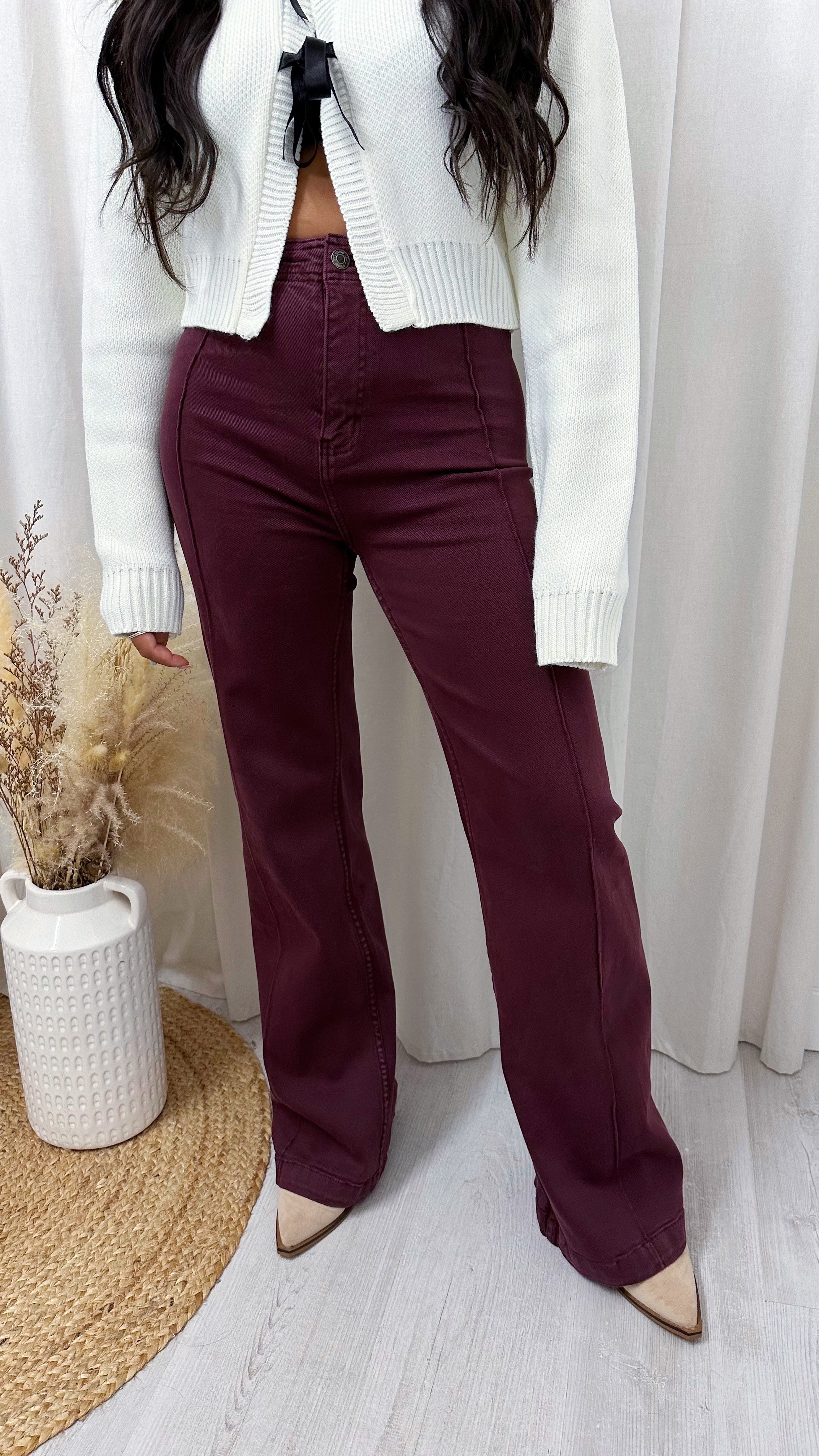 High Waisted Seam Front Flared Jeans - WINE