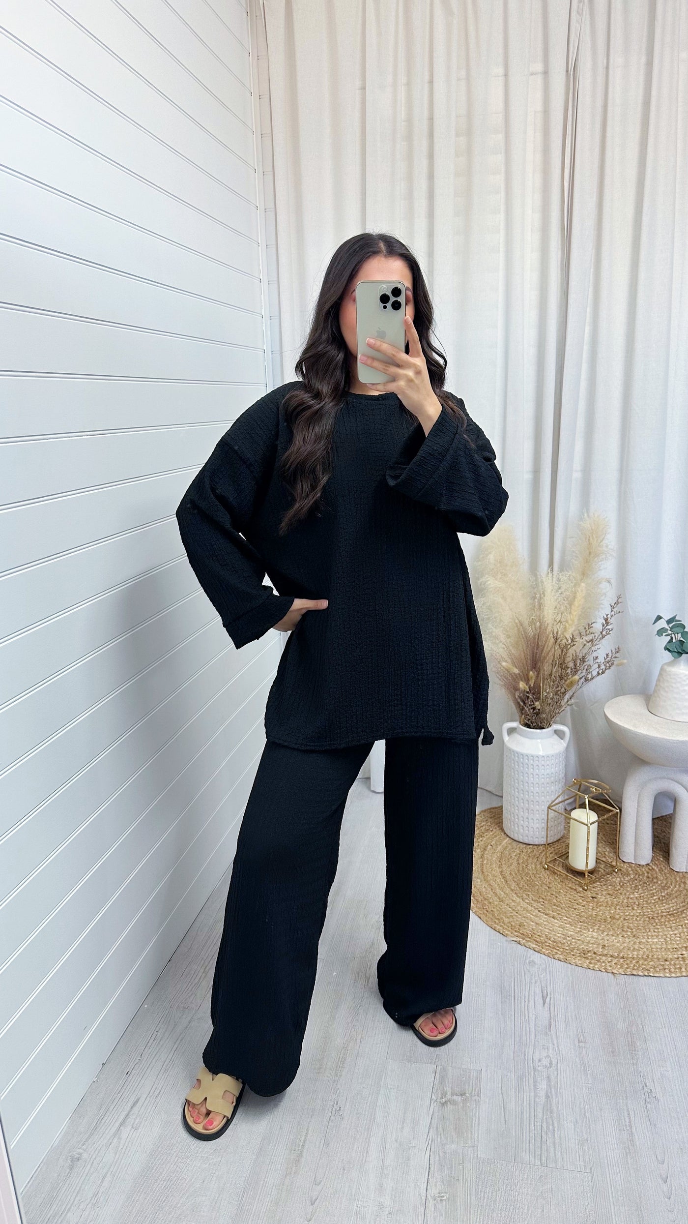 Loose Fit Cheesecloth Long Sleeve Top and Trousers Co-Ord - BLACK