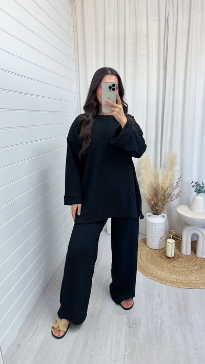 Loose Fit Cheesecloth Long Sleeve Top and Trousers Co-Ord - BLACK