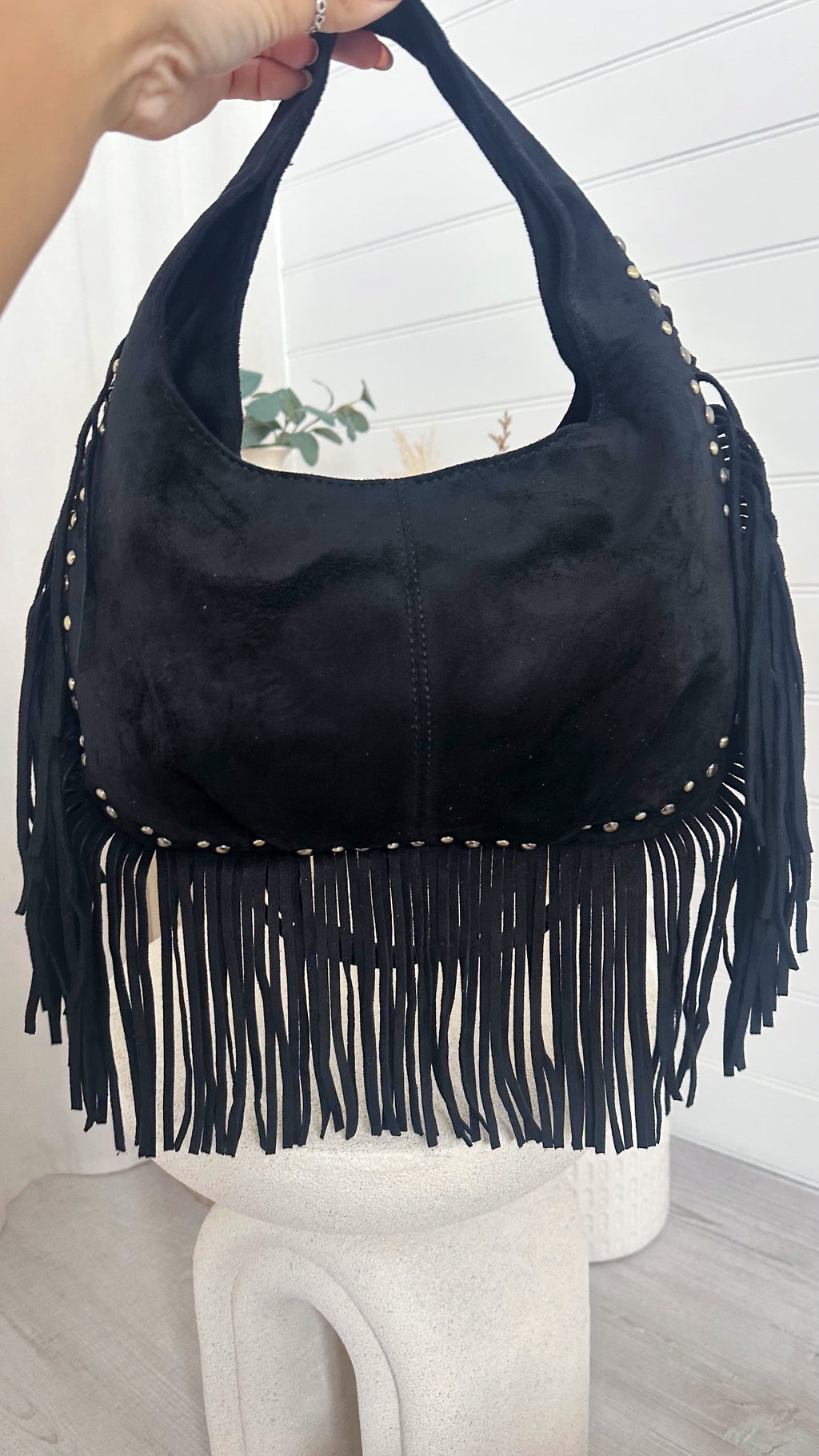 Suede Fringe Bag - BLACK