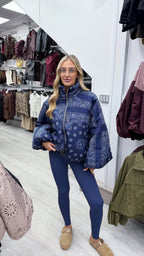 Bandana Print Puffer Jacket - NAVY