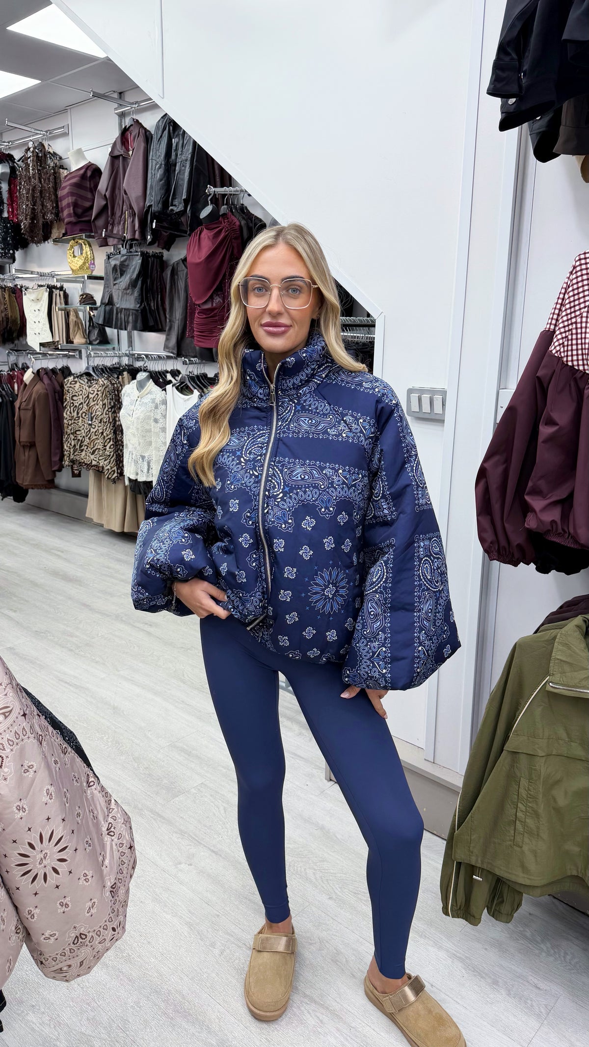 Bandana Print Puffer Jacket - NAVY