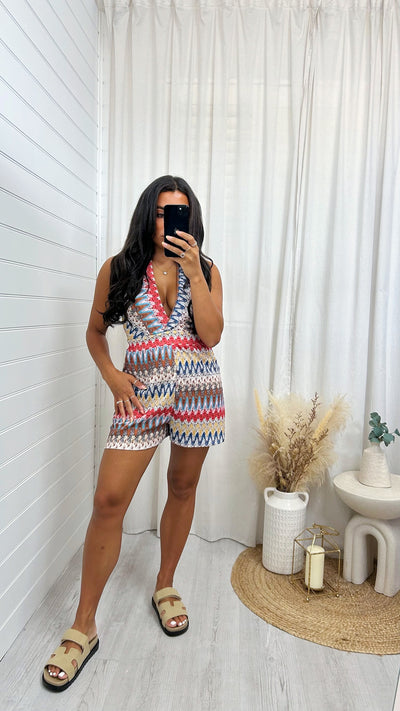 Aztec Halter Neck Playsuit - RED/BROWN