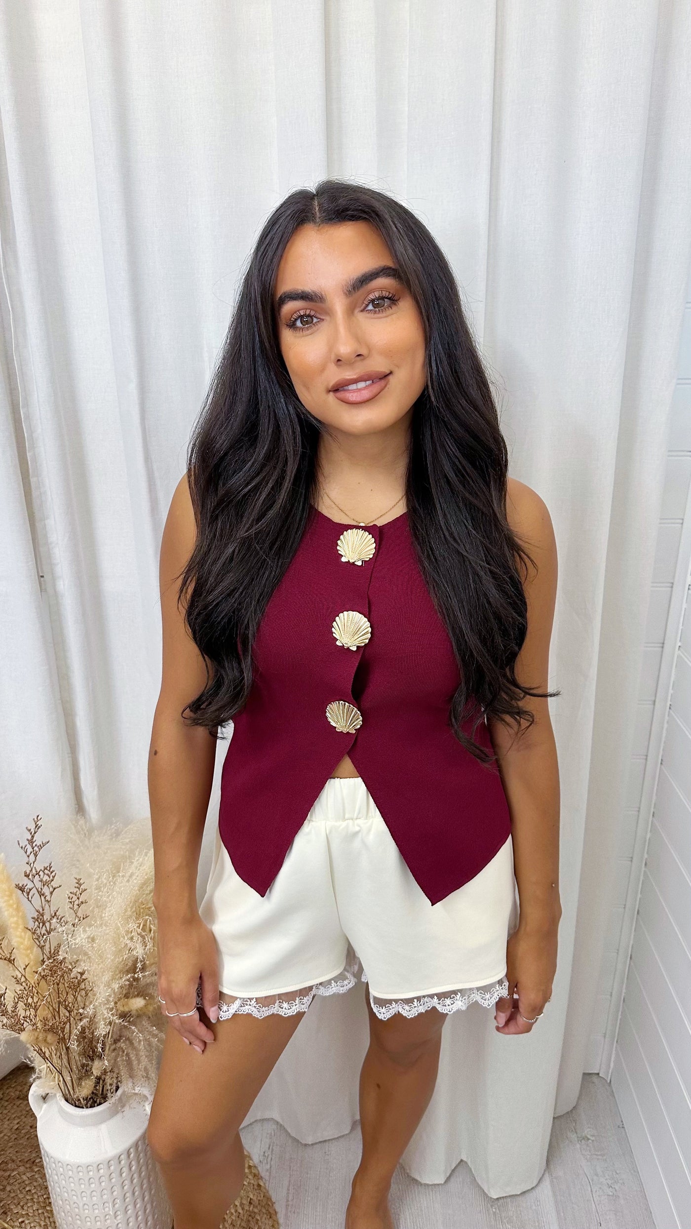 Seashell Fine Knit Waistcoat - BURGUNDY