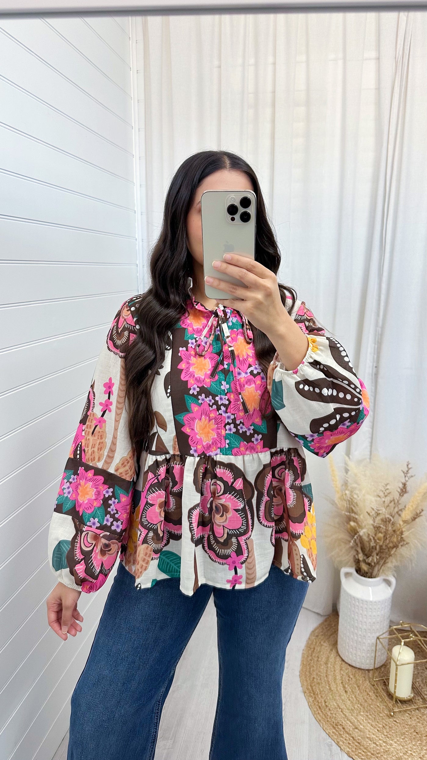 Floral Print Peplum Blouse - PINK/BROWN