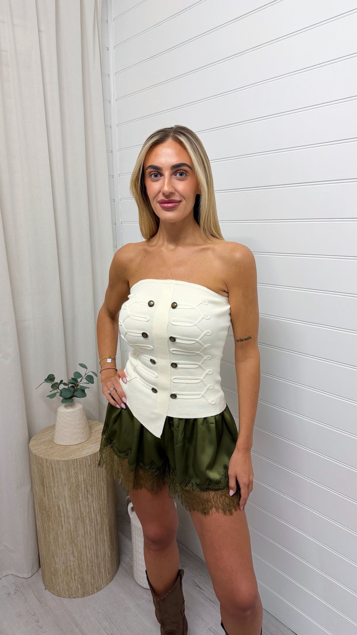 Lace Hem Satin Shorts - KHAKI