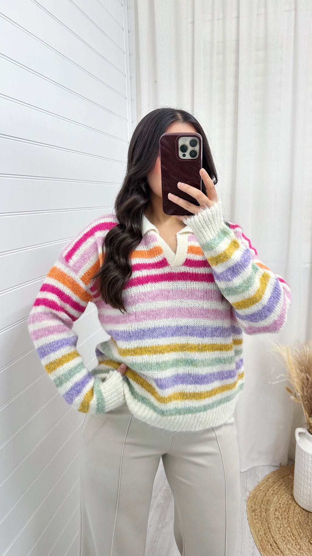 V Neck Stripey Mohair Jumper - MULTI