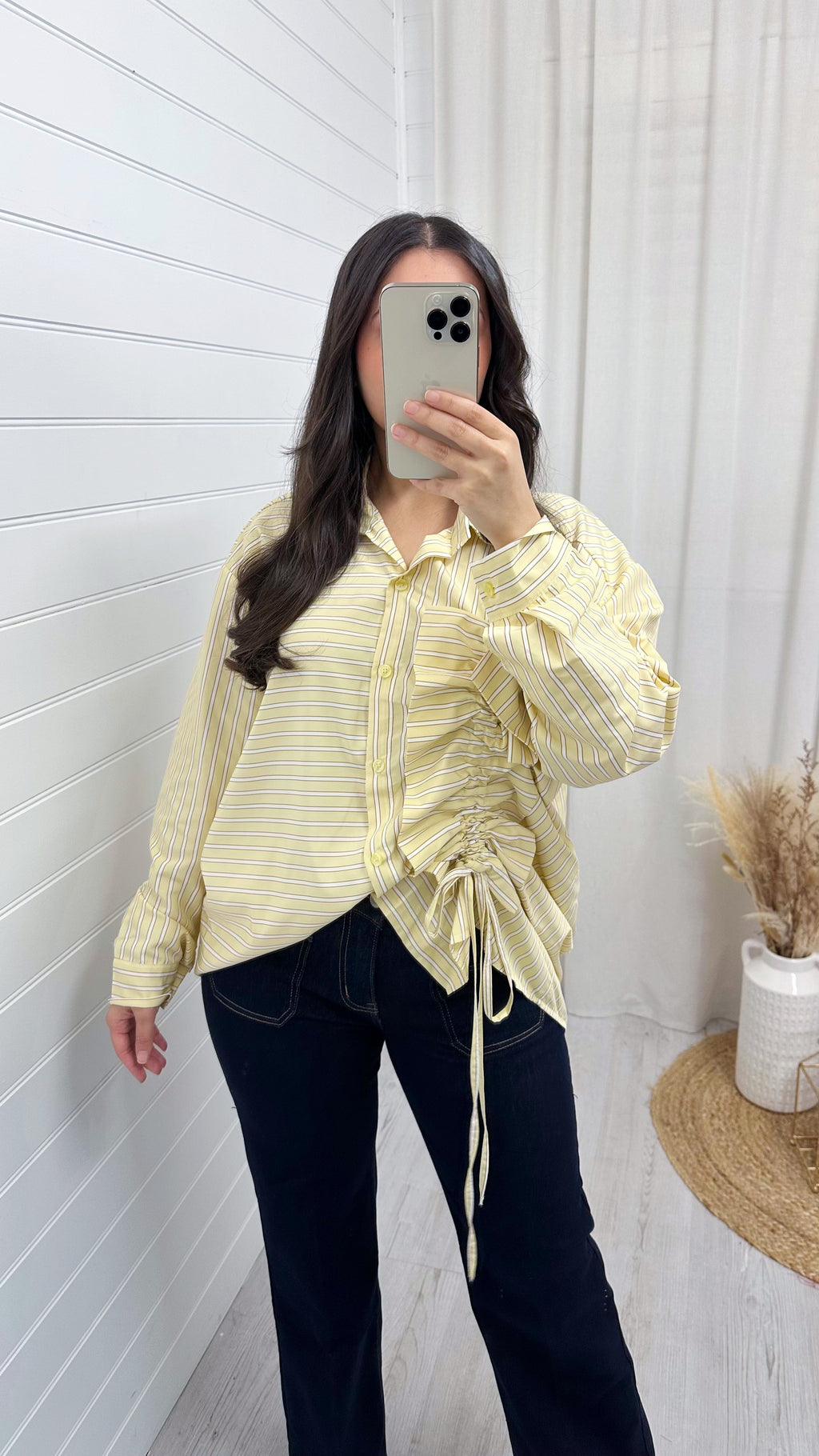 Side Ruched Oversized Stripe Shirt - YELLOW