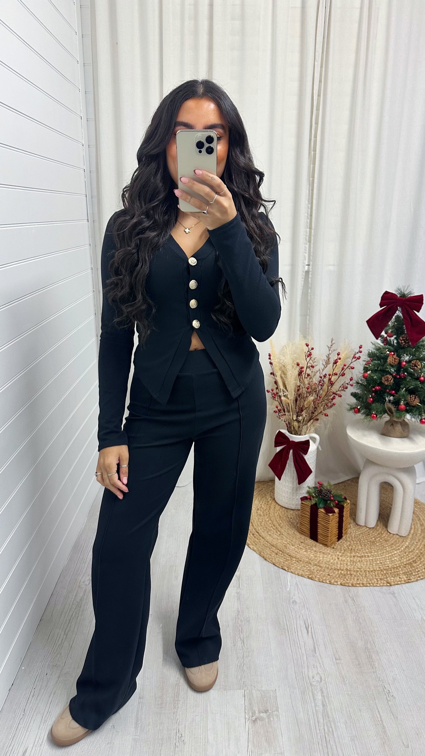 Gold Button Cardigan and Straight Trousers Co-Ord - BLACK