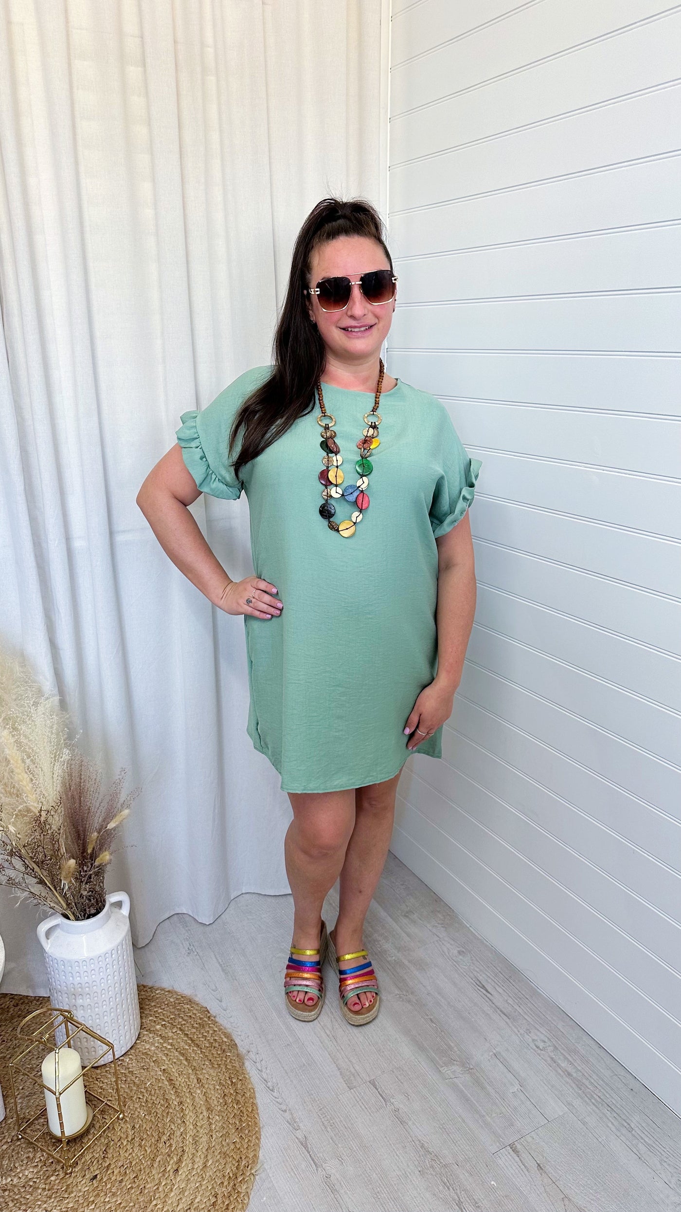 Frill Sleeve Summer Dress with Free Necklace - SAGE
