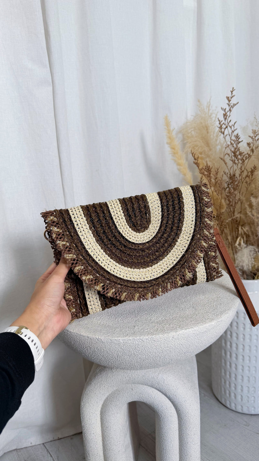 Crochet Arch Pattern Boho Clutch Bag - DARK BROWN