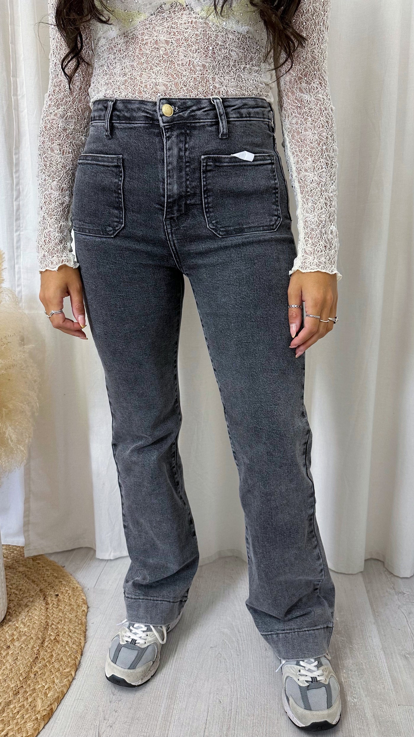 Front Pocket Boot Cut High Waisted Jeans - CHARCOAL GREY