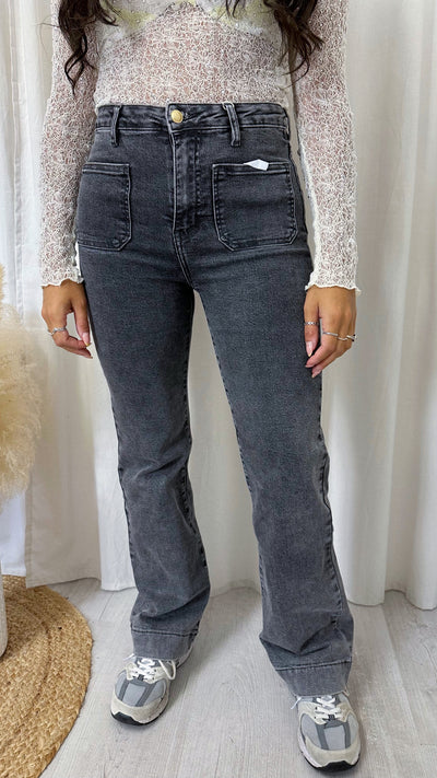 Front Pocket Boot Cut High Waisted Jeans - CHARCOAL GREY