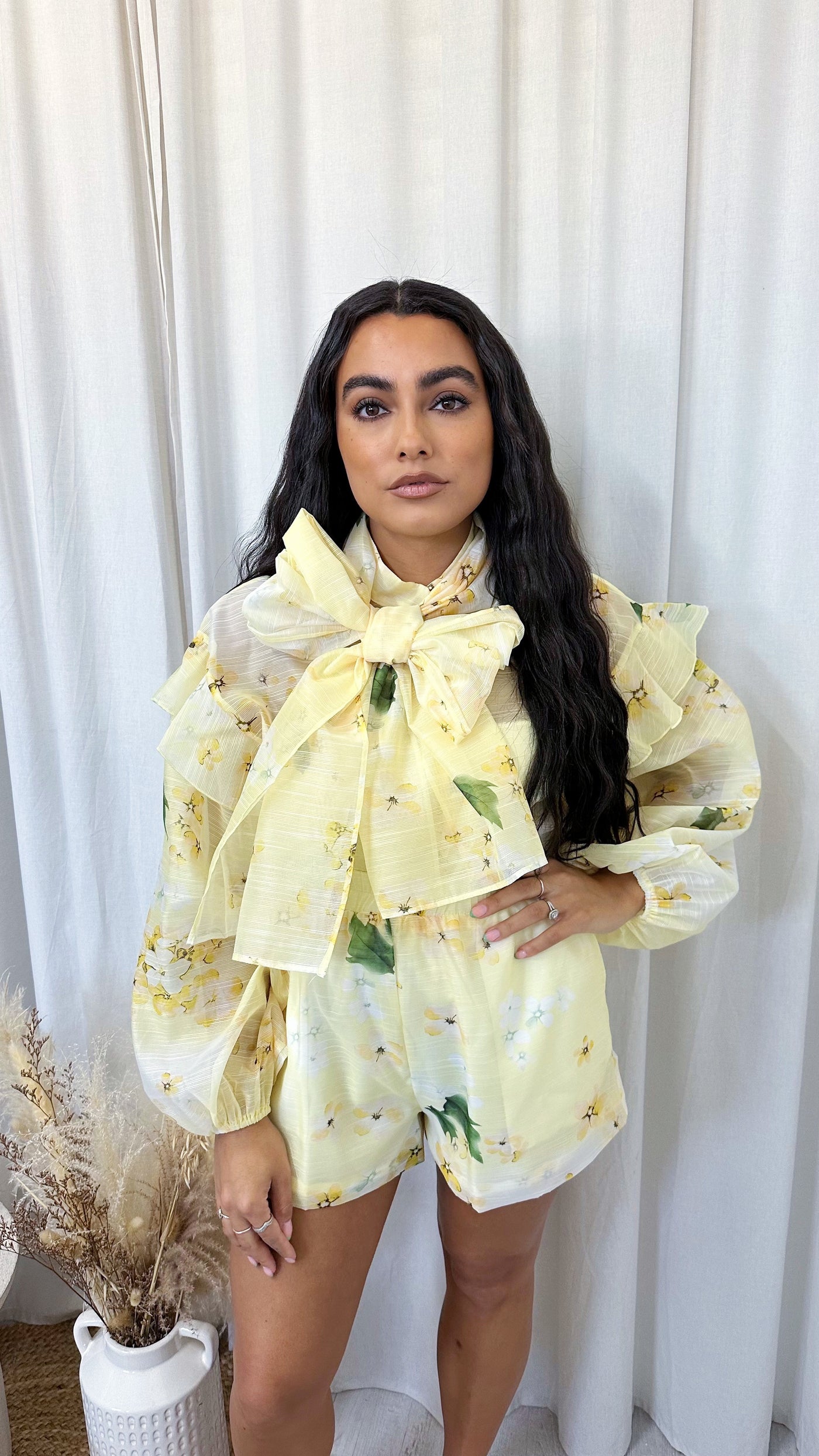 Floral Bow Blouse and Shorts Co-Ord - LEMON
