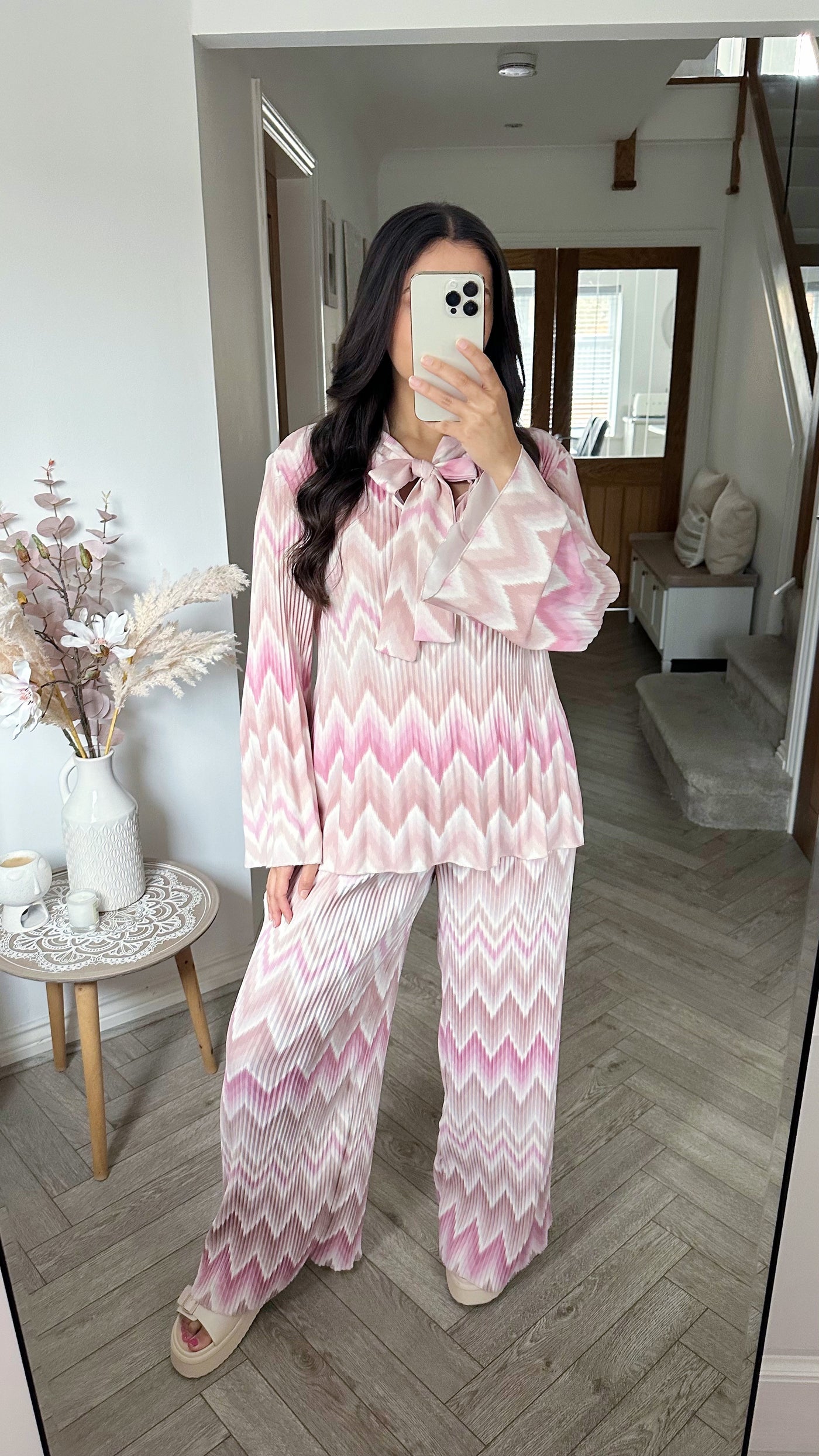 Zig Zag Pleated Top and Trouser Set - PINK