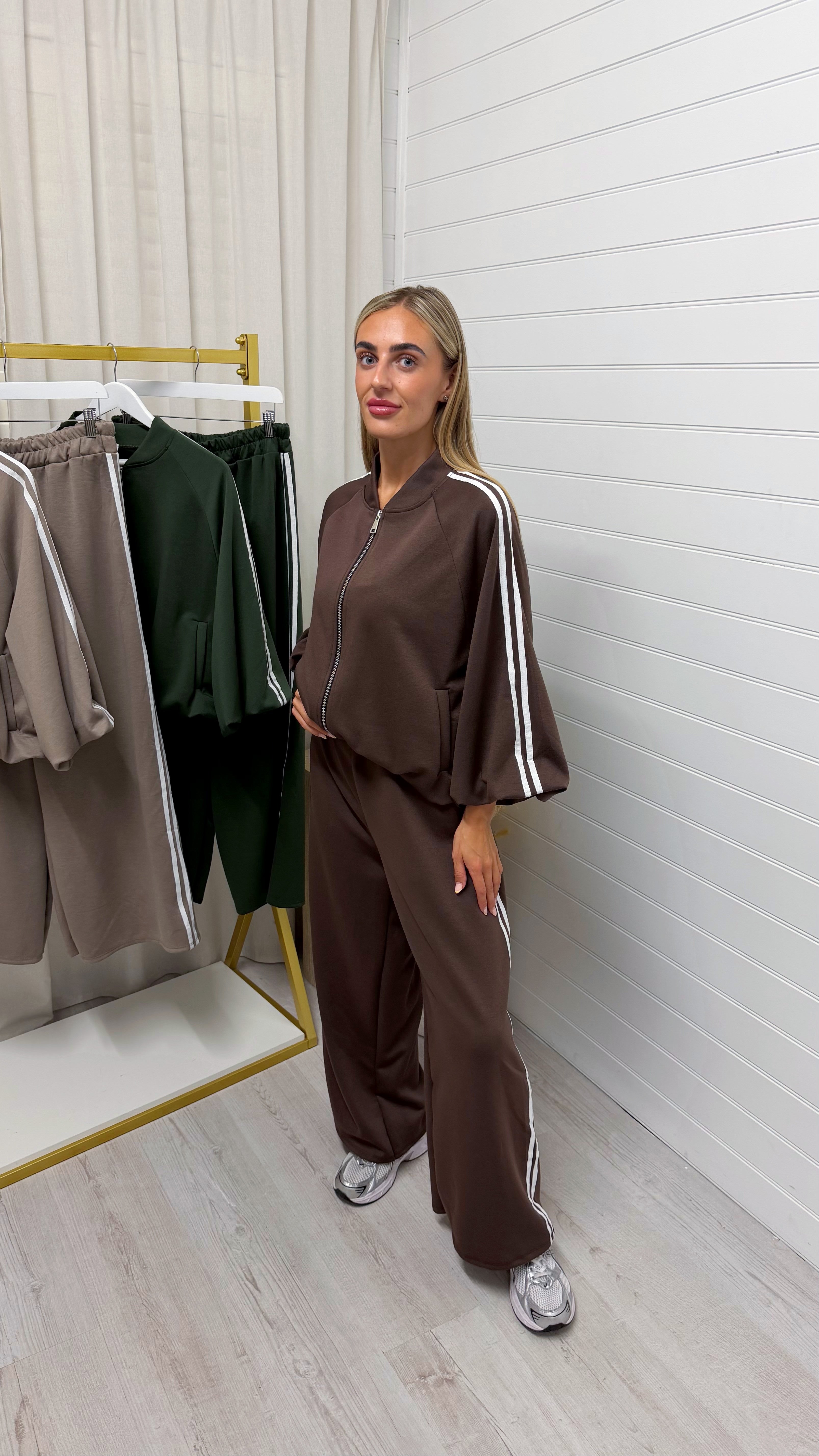 Classic Stripe Jacket and Wide Leg Joggers Tracksuit - BROWN