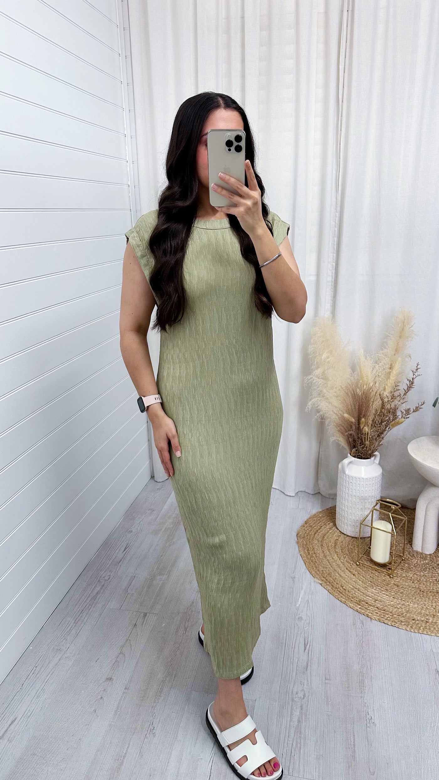 Plain Crinkle Midi Dress - SAGE