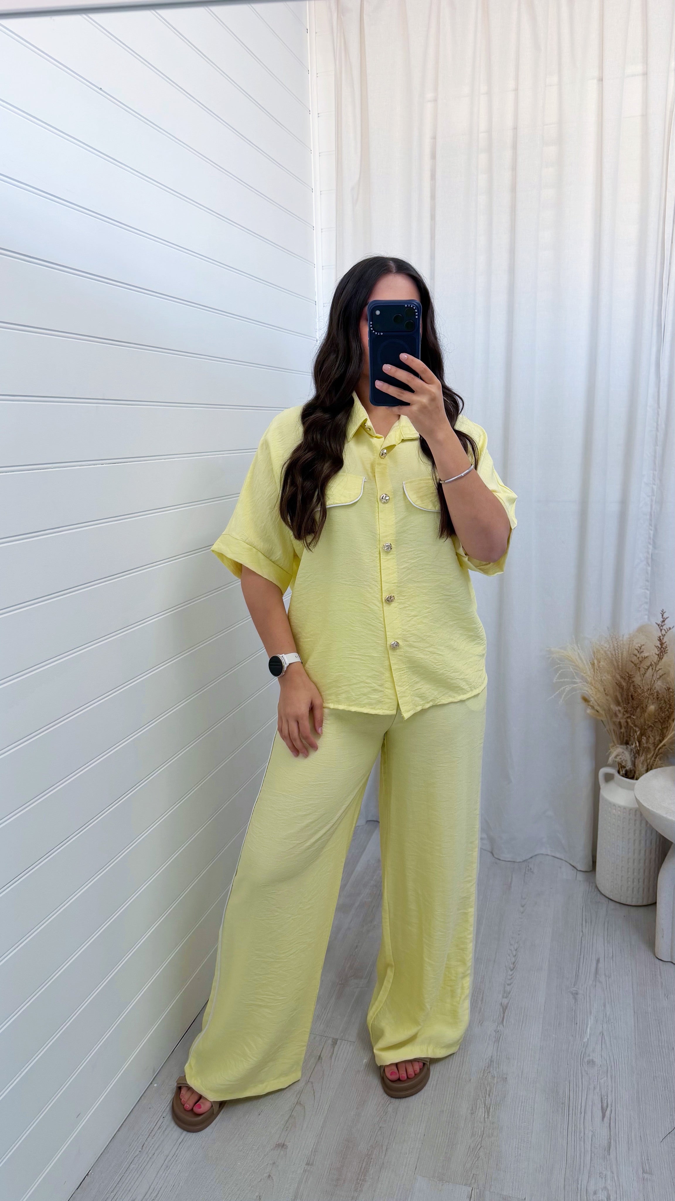 White Piped Shirt and Trousers Co-Ord - LEMON