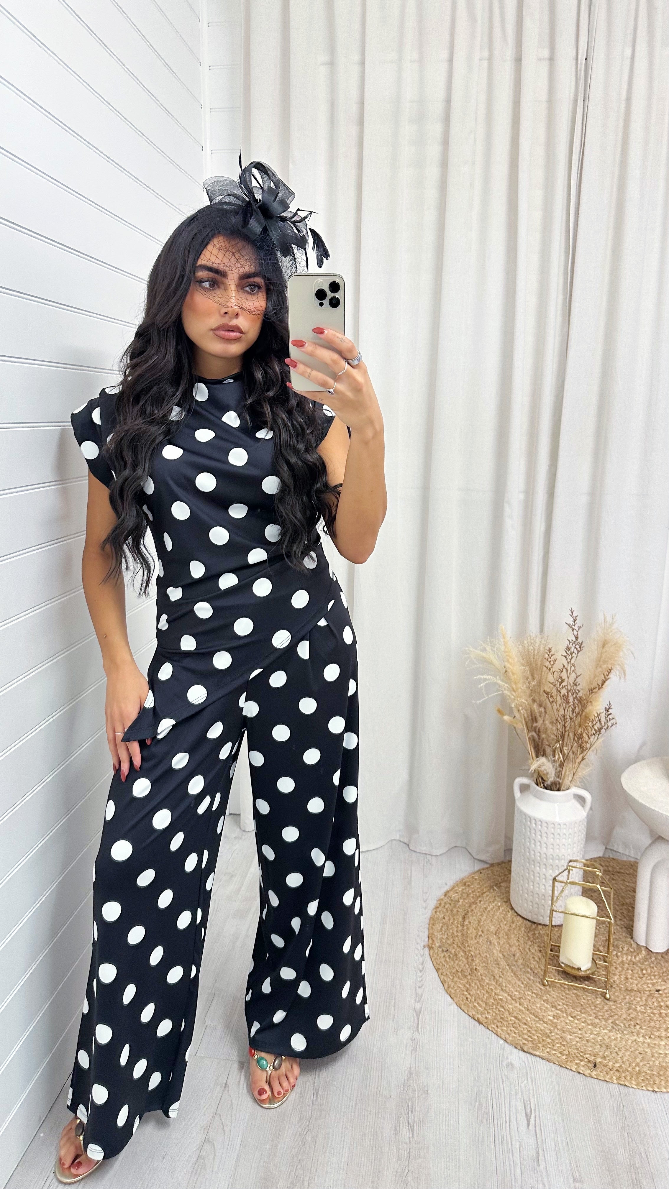 Asymmetric Polka Dot Ruched Top and Trousers Co-Ord - BLACK